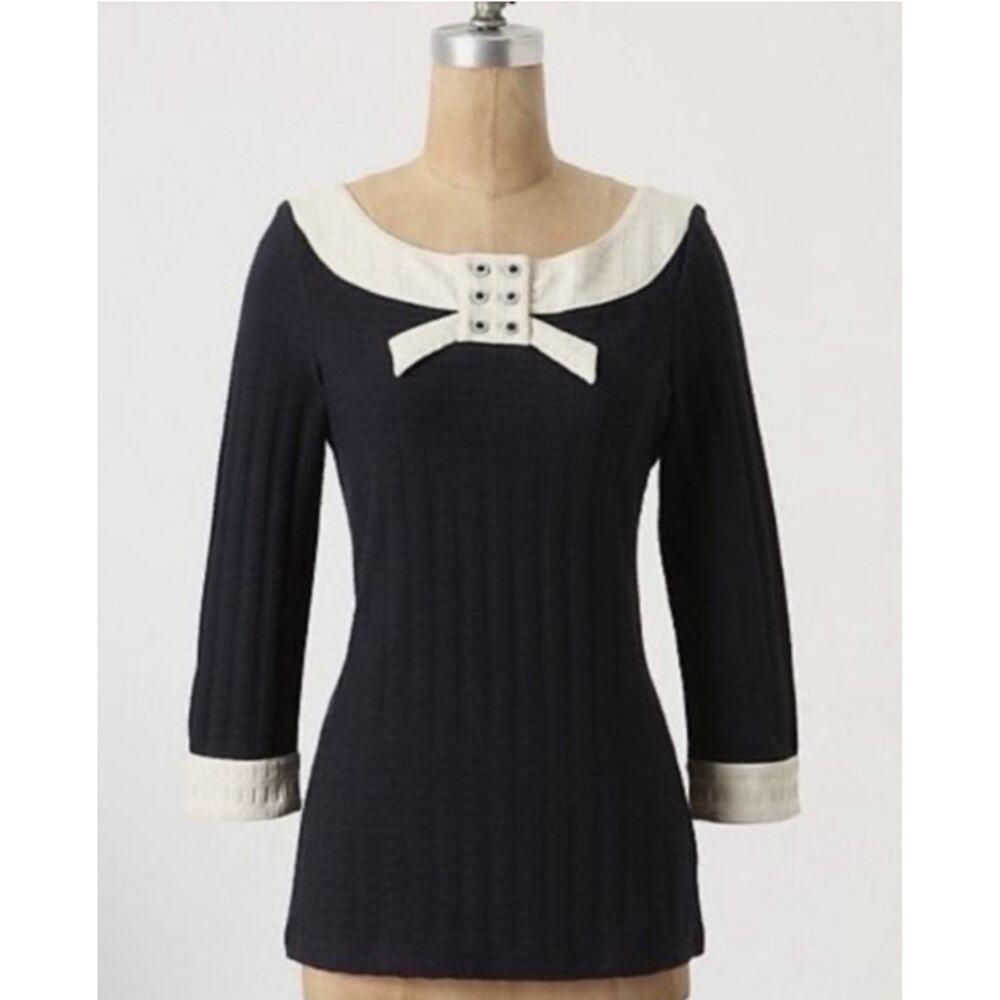 Anthropologie Pilcro & the Letterpress Bow Blue Top Blouse size XS Nautical Navy